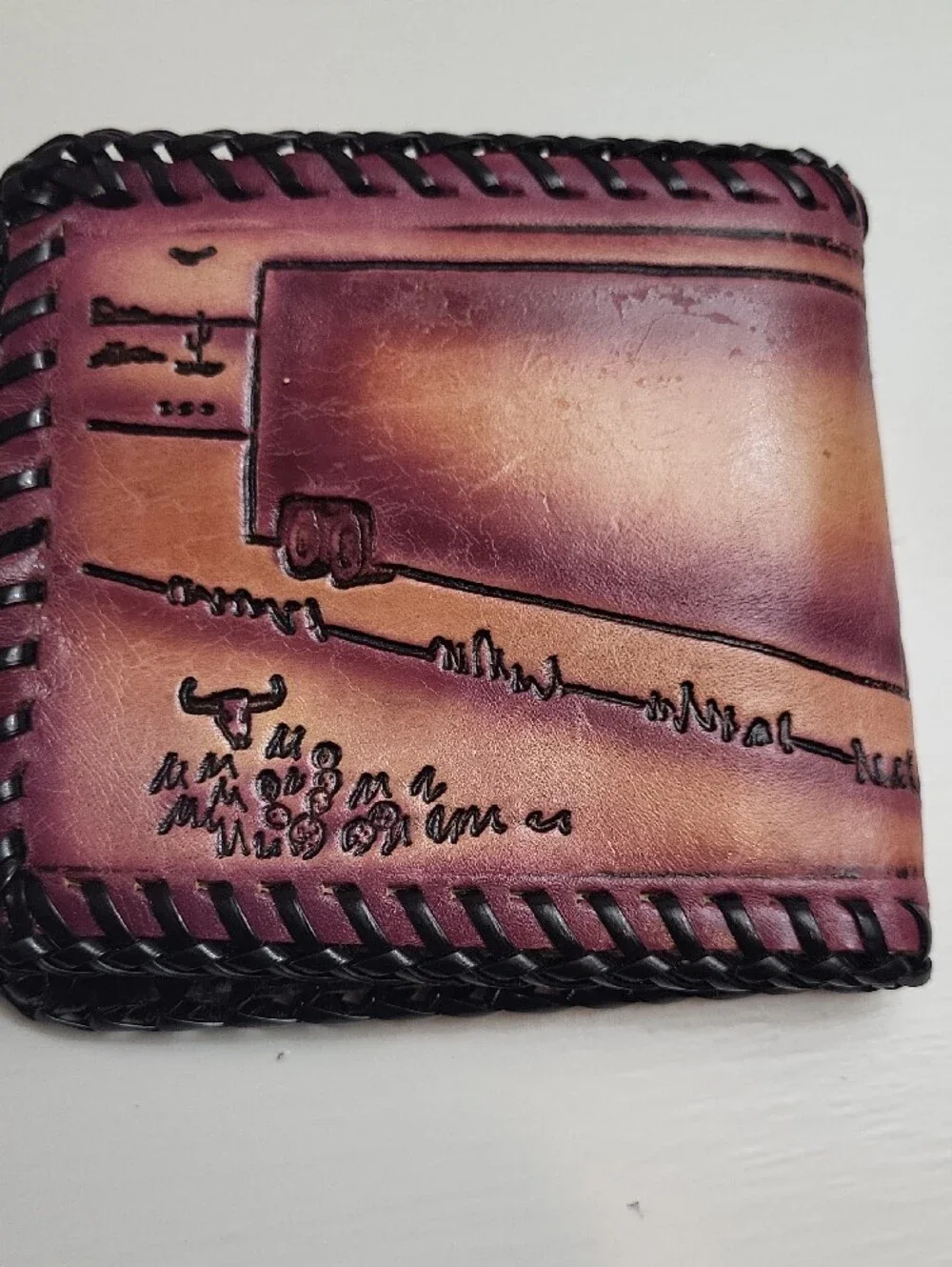 Hand-Tooled Trucker Leather Money Clip Wallet - Brown/Maroon